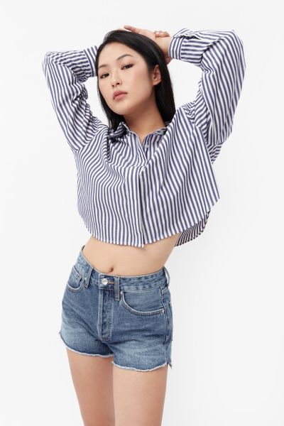 Áo Sơ Mi Nữ TheBlueTshirt Cropped Shirt - Blue Navy Stripe