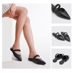 Giày Mules Nữ THÁI TUẤN Bít Mũi Nhọn Màu Đen