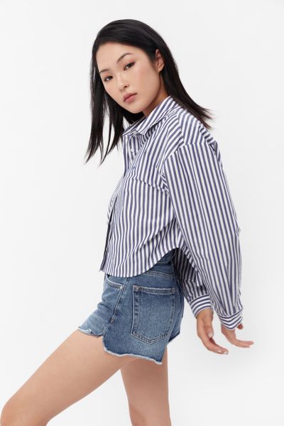 Áo Sơ Mi Nữ TheBlueTshirt Cropped Shirt - Blue Navy Stripe