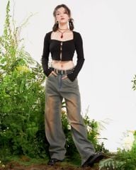 Quần Jeans Dài Nữ DOTTIE Wash Ống Rộng - Xanh Đậm Wash Vàng - Q0325