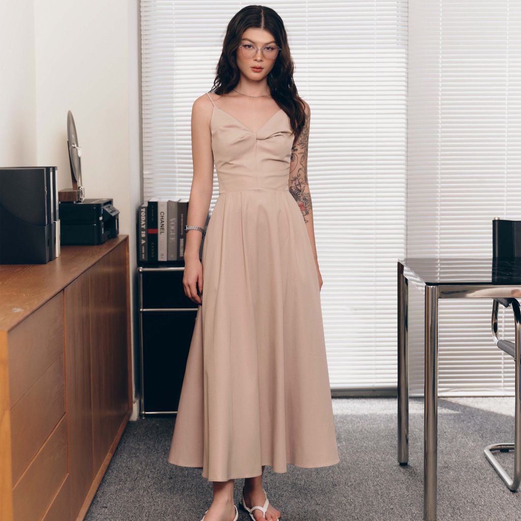 Đầm nữ DOTTIE midi xoắn ngực - Beige - D0701