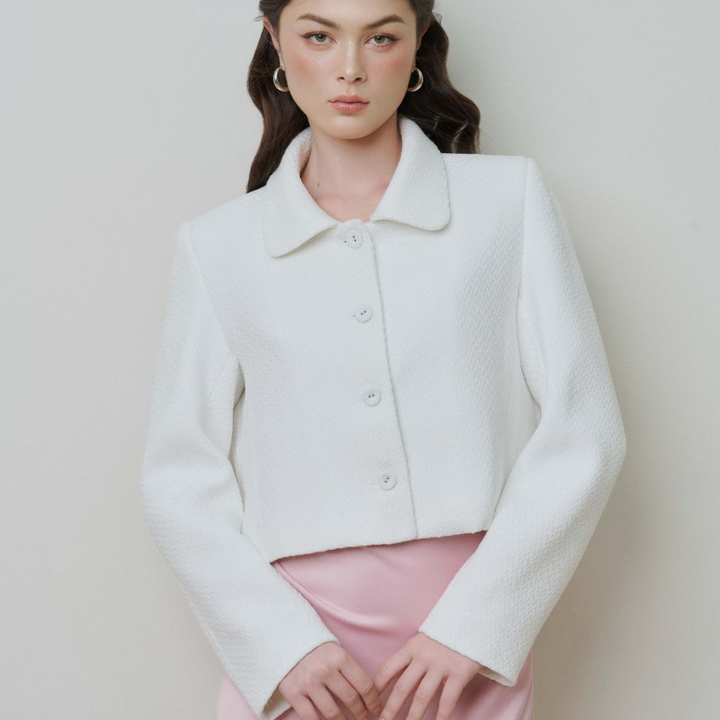 Áo blazer Nữ DOTTIE vải tweed dáng lửng - Trắng - T1045