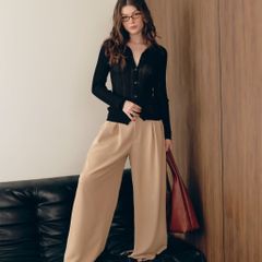 Quần dài nữ DOTTIE chiết ly ống rộng - Nâu - Q0390