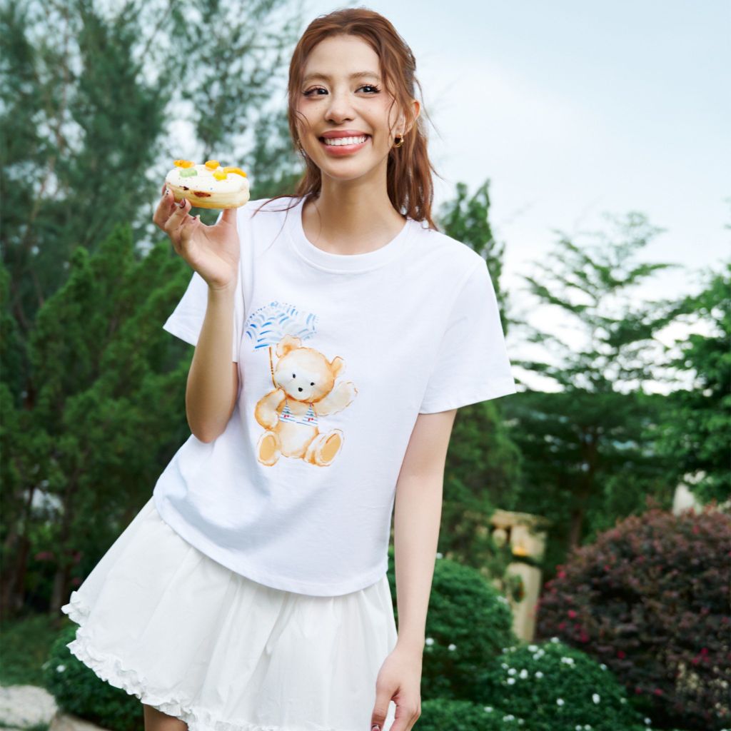 Áo nữ DOTTIE thun in hình Gấu - Trắng - T1095