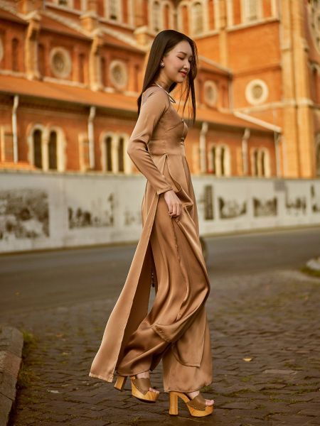 Quần Áo Dài Nữ F2 Lụa Cà Phê Sữa Hồn Việt