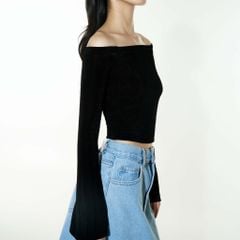 Áo Kiểu Nữ DOTTIE Bẹc Vai Tay Dài Vải Thun -  Đen - T0679