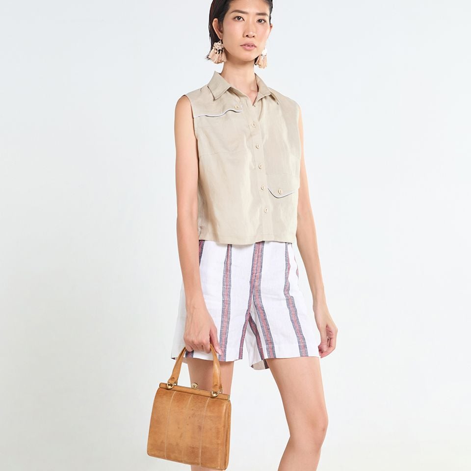 Quần Short Nữ F2 Linen Trắng Sọc Ba Màu Tender Drit