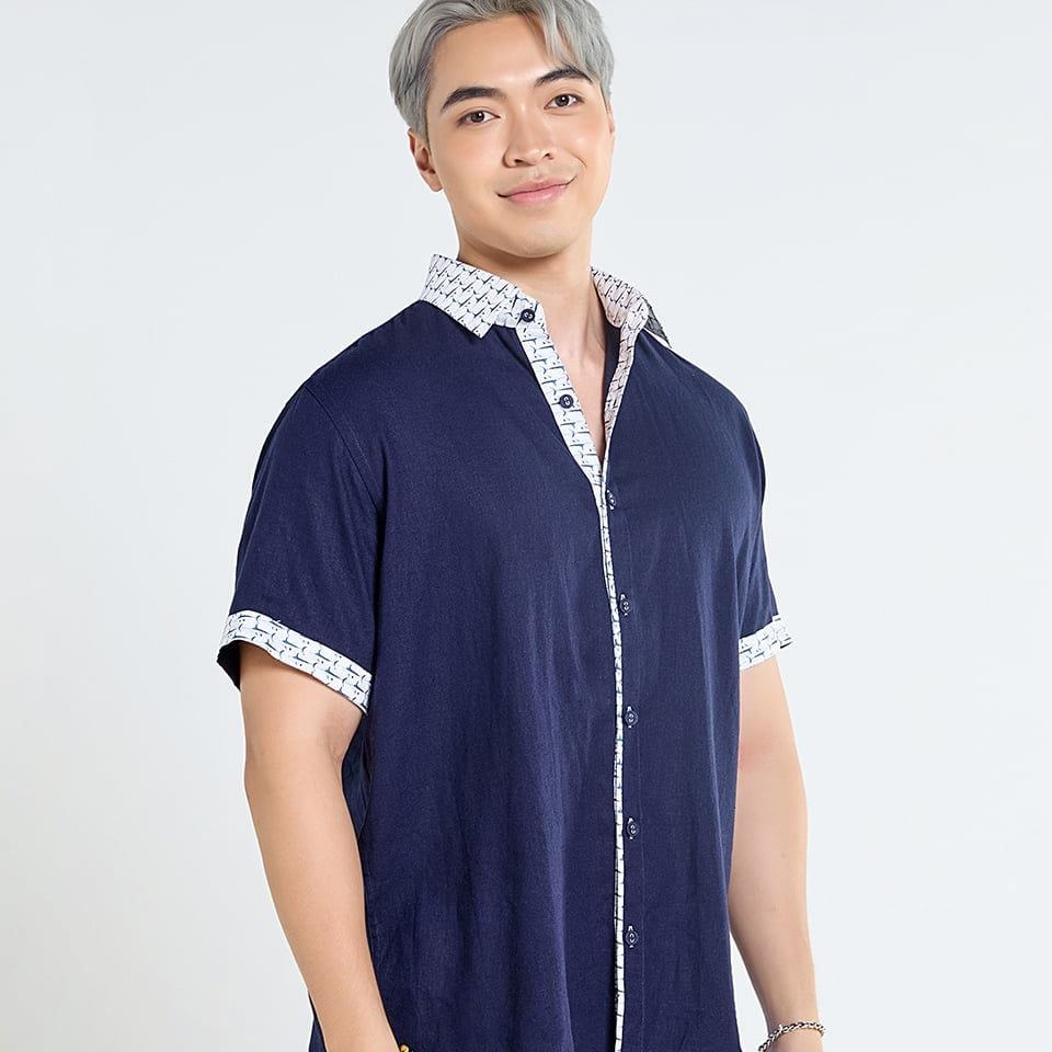 Áo Sơ Mi Nam F2 Linen  Xanh Đen Phối Họa Tiết Ngắn Tay Tender Drit
