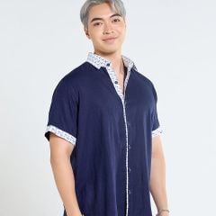 Áo Sơ Mi Nam F2 Linen  Xanh Đen Phối Họa Tiết Ngắn Tay Tender Drit