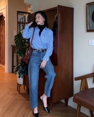 Áo Sơ Mi Nữ TheBlueTshirt New Pocket Oversize Shirt - BlueMade Stripe