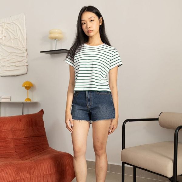 Áo Thun Nữ TheBlueTshirt Sọc Everyday Tee - White Green Stripe