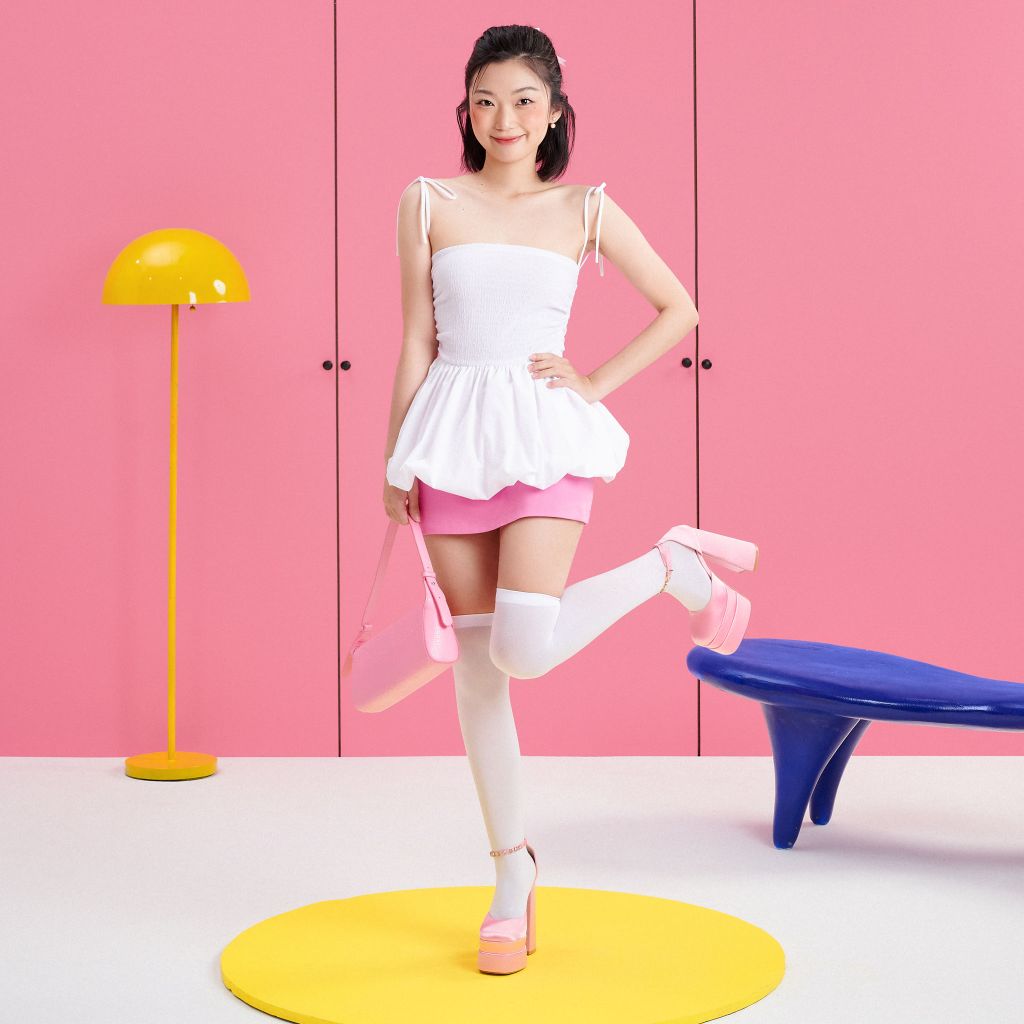 Áo Kiểu Nữ DOTTIE 2 Dây Phối Vải Dáng Peplum - Trắng - T0798