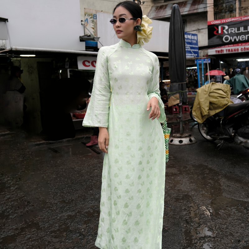 Quần áo dài Thiếu Nữ TheBlueTshirt Lụa Tơ Tằm Xanh Cốm - Viền ZigZag Lace