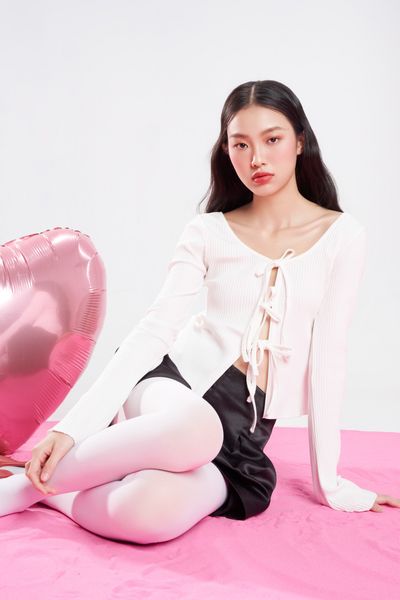 Áo Thun Nữ DOTTIE Gân Cột Nơ - Trắng - T0863