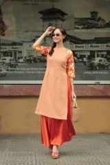 Áo Dài Gấm Nữ F2 Cam Bừng Sắc Xuân - Không Kèm Quần