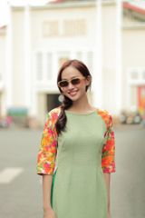 Áo Dài Gấm Nữ F2 Xanh Cốm Bừng Sắc Xuân - Không Kèm Quần