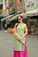 Áo Dài Gấm Nữ F2 Xanh Cốm Bừng Sắc Xuân - Không Kèm Quần