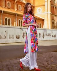 Áo Dài Nữ F2 Gấm Nhiều Màu Họa Tiết Hương Xuân - Không Kèm Quần
