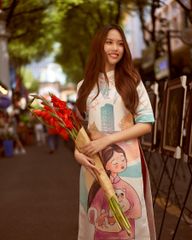 Áo Dài Nữ F2 Gấm Nữ Trắng Họa Tiết Hương Xuân - Không Kèm Quần