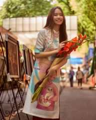 Áo Dài Nữ F2 Gấm Nữ Trắng Họa Tiết Hương Xuân - Không Kèm Quần