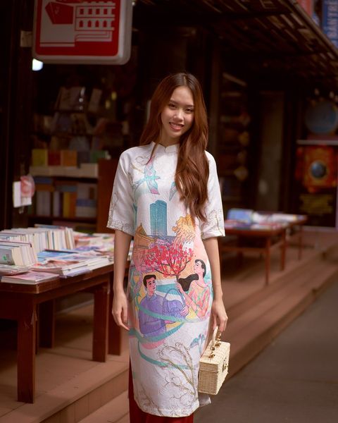 Áo Dài Nữ F2 Gấm Nữ Trắng Họa Tiết Hương Xuân - Không Kèm Quần