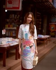 Áo Dài Nữ F2 Gấm Nữ Trắng Họa Tiết Hương Xuân - Không Kèm Quần