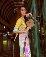 Áo Dài Nữ F2 Gấm Nữ Vàng Họa Tiết Hương Xuân - Không Kèm Quần