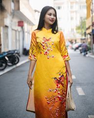 Áo Dài Nữ F2 Nữ Gấm Vàng Cam Pride Việt Nam - Không Kèm Quần