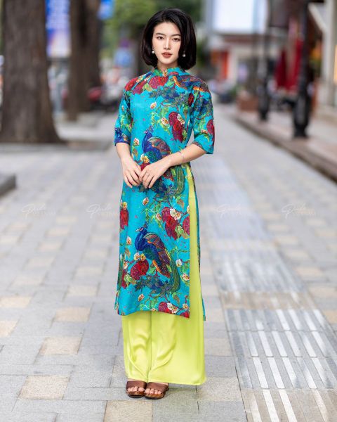 Áo Dài Nữ F2 Gấm Xanh Công - Không Kèm Quần