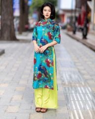Áo Dài Nữ F2 Gấm Xanh Công - Không Kèm Quần