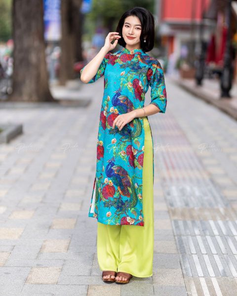 Áo Dài Nữ F2 Gấm Xanh Công - Không Kèm Quần