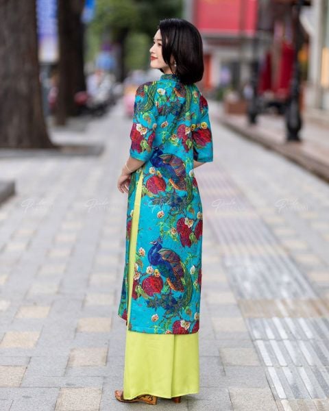 Áo Dài Nữ F2 Gấm Xanh Công - Không Kèm Quần