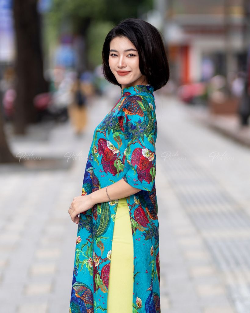 Áo Dài Nữ F2 Gấm Xanh Công - Không Kèm Quần