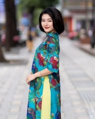 Áo Dài Nữ F2 Gấm Xanh Công - Không Kèm Quần