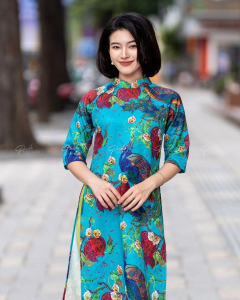 Áo Dài Nữ F2 Gấm Xanh Công - Không Kèm Quần