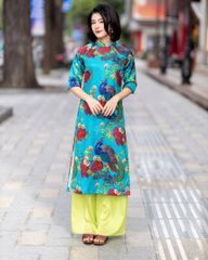 Áo Dài Nữ F2 Gấm Xanh Công - Không Kèm Quần