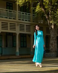 Áo Dài Nữ F2 Lụa Xanh Thiên Thanh - Không Kèm Quần