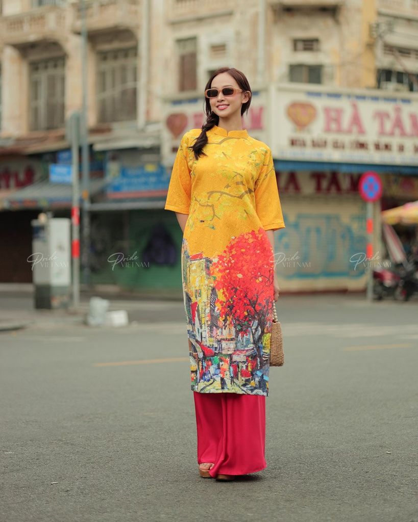 Áo Dài Gấm Nữ F2 Vàng Phố Phường Pride Việt Nam - Không Kèm Quần