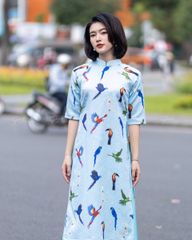 Áo Dài Nữ F2 Gấm Xanh Họa Mi - Không Kèm Quần