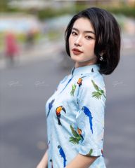 Áo Dài Nữ F2 Gấm Xanh Họa Mi - Không Kèm Quần