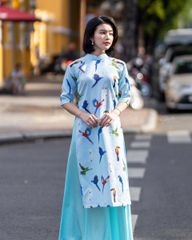 Áo Dài Nữ F2 Gấm Xanh Họa Mi - Không Kèm Quần