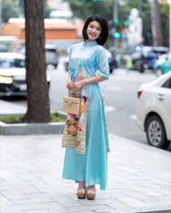 Áo Dài Nữ F2 Gấm Xanh Nón Chiếu - Không Kèm Quần