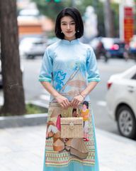Áo Dài Nữ F2 Gấm Xanh Nón Chiếu - Không Kèm Quần