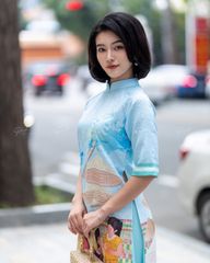 Áo Dài Nữ F2 Gấm Xanh Nón Chiếu - Không Kèm Quần