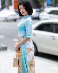 Áo Dài Nữ F2 Gấm Xanh Nón Chiếu - Không Kèm Quần