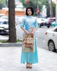 Áo Dài Nữ F2 Gấm Xanh Nón Chiếu - Không Kèm Quần