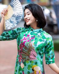 Áo Dài Nữ F2 Gấm Xanh Ruộng Sen - Không Kèm Quần