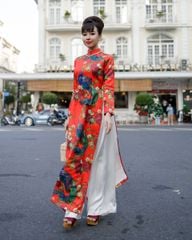 Áo Dài Nữ F2 Gấm Đỏ Cam Pride Việt Nam - Không Kèm Quần
