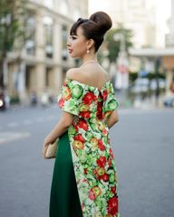 Áo Dài Gấm Nữ F2 Xanh Hoa Đỏ Pride Việt Nam - Không Kèm Quần