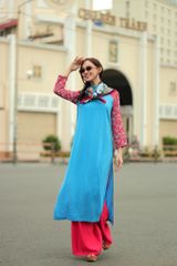 Áo Dài Nữ F2 Linen Xanh Tay Phối Pride Việt Nam - Không Kèm Quần